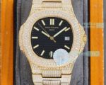 Replica Patek Philippe Nautilus Iced Out Yellow Gold Case Watch Black Dial